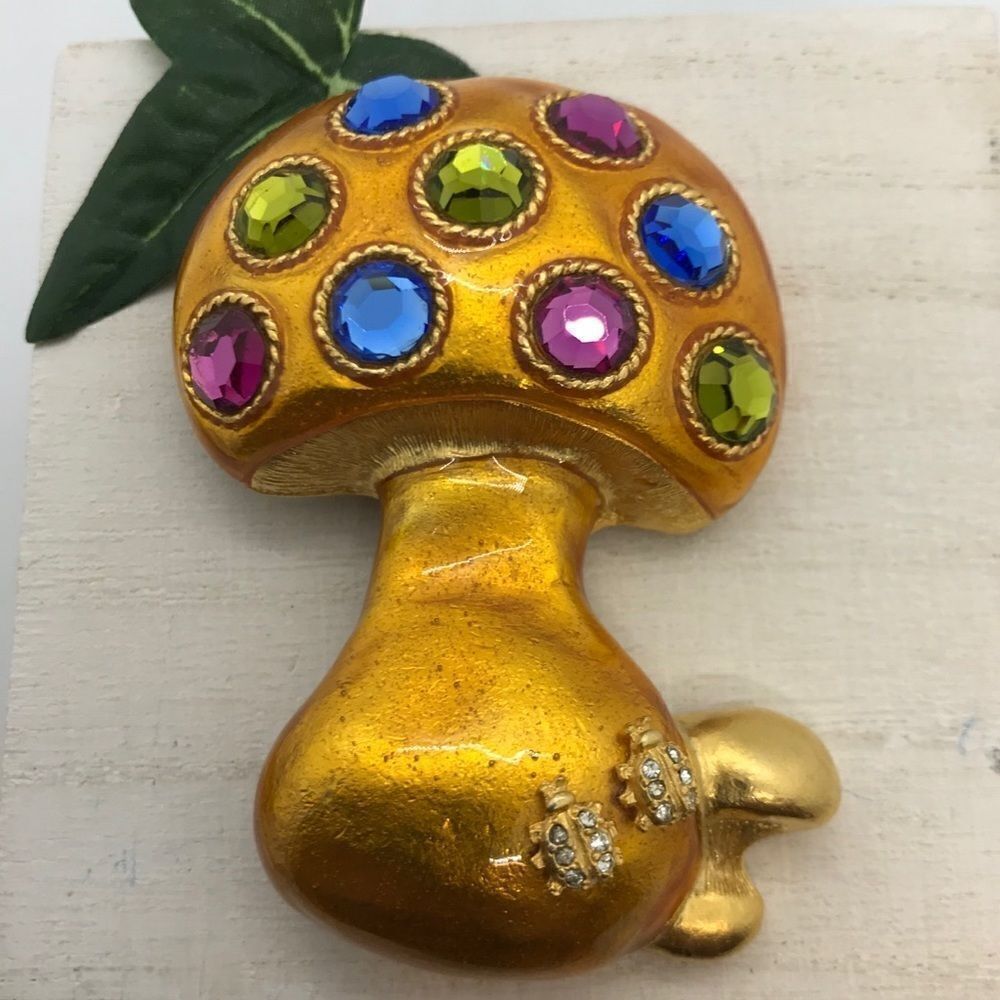 Enamel Mushroom Ladybug Brooch Vintage 1990s